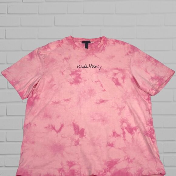 H&M x Keith Haring Mens T Shirt M Pink Relaxed Tie Dye Three Eyed Face Artist - Picture 4 of 9